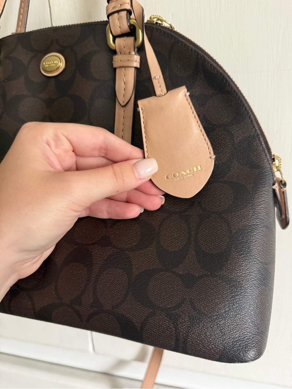 Coach Dark Brown Signature Dome Satchel with Light Tan Trim - Picture 2 of 6